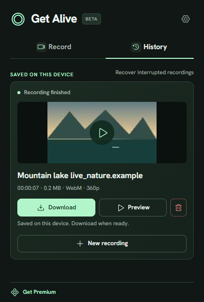Get Alive History: a finished landscape recording with Download, Preview and Delete controls